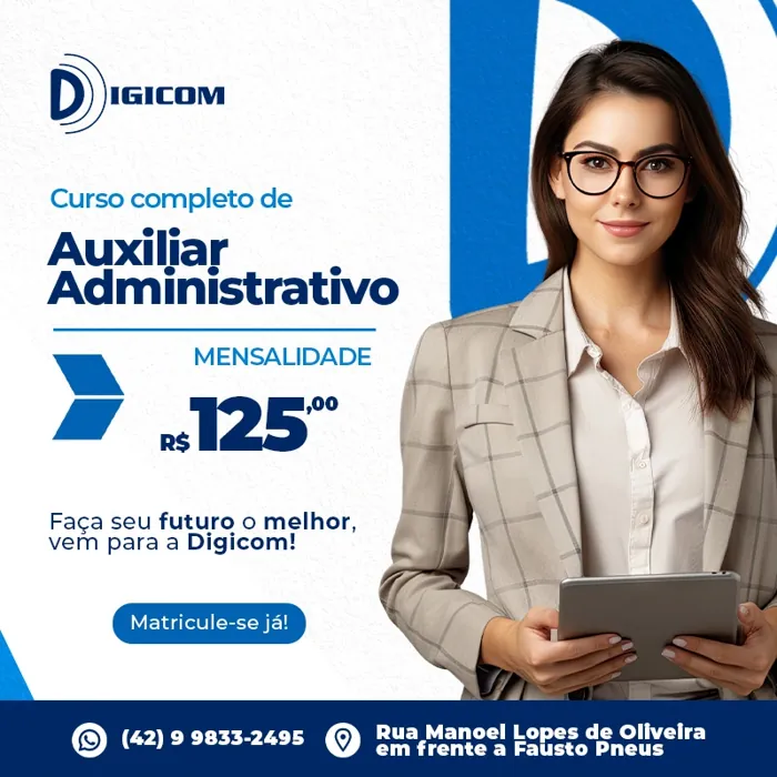 Curso completo de Auxiliar Administrativo — mensalidade a partir de R$125,00